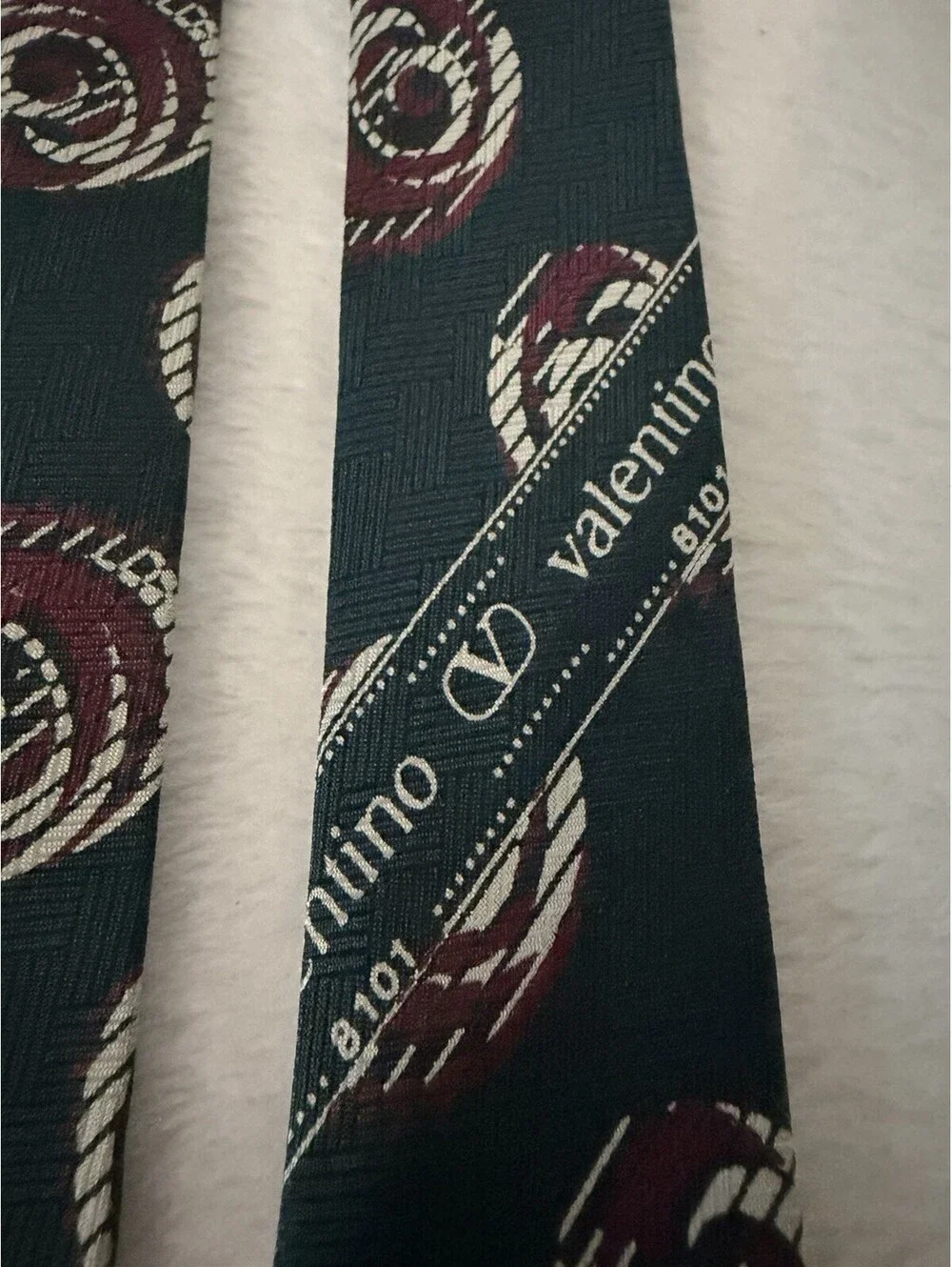 Valentino Cravatte Tie Green Burgundy Swirl Print Silk Italy Vtg